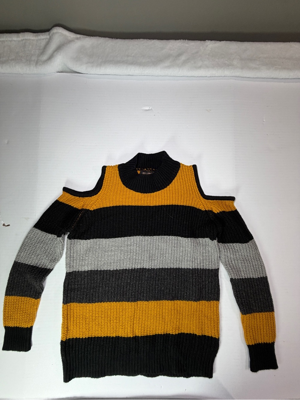 QED London Black, Gray & Mustard Striped Cold-Shoulder Turtleneck Sweater